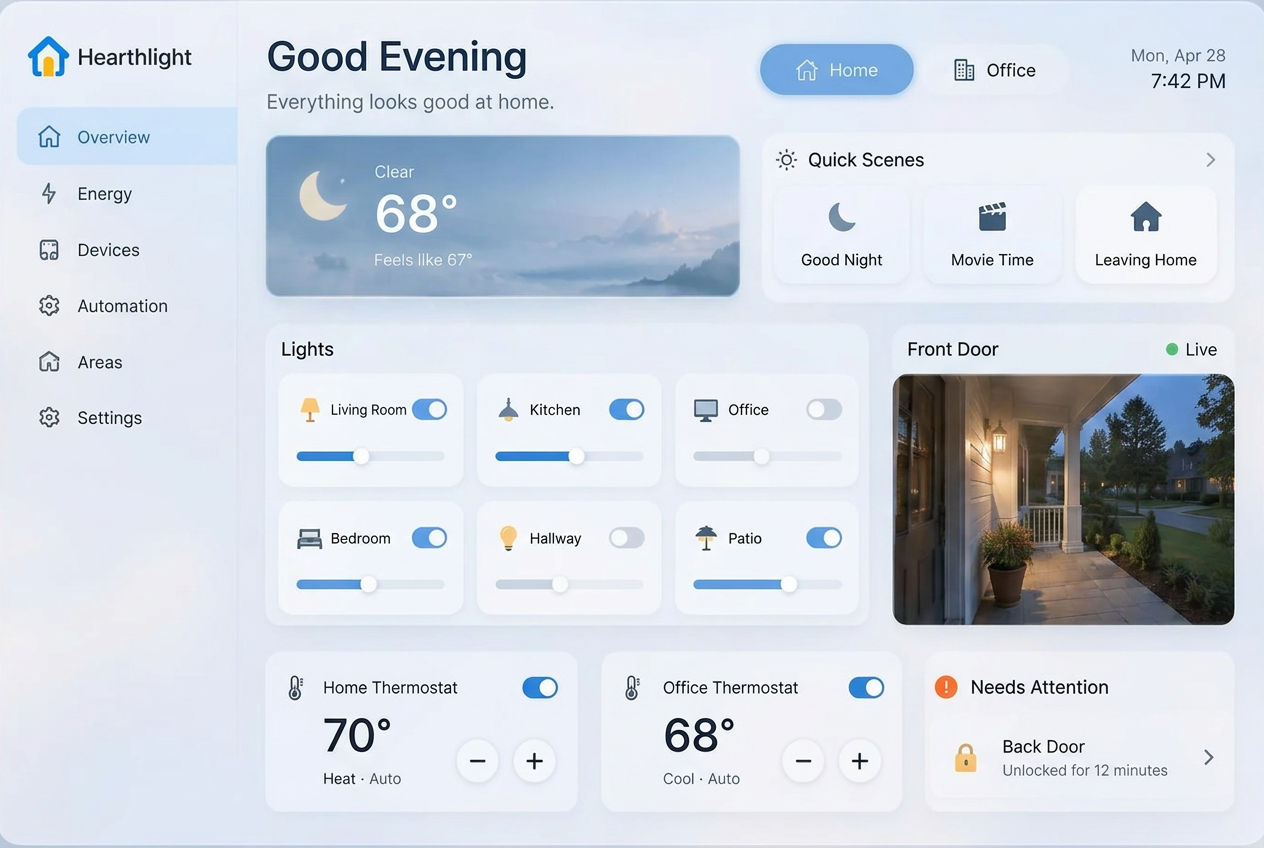Hearthlight dashboard concept with home and office switching, light controls, thermostats, quick scenes and a front door camera.